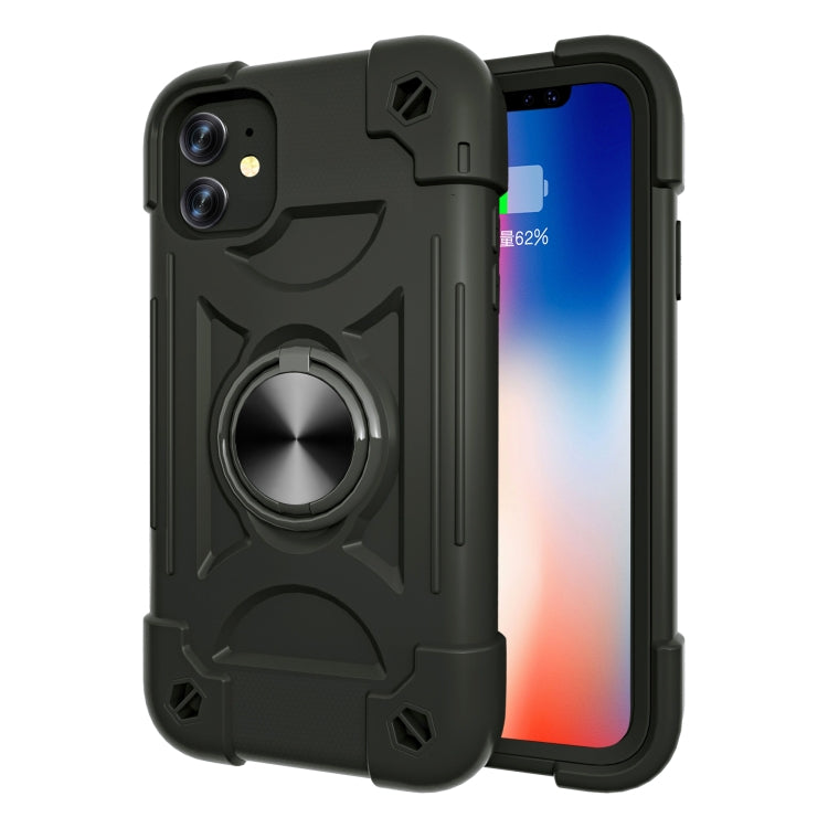 For iPhone 11 Shockproof Silicone + PC Protective Case with Dual-Ring Holder (Black)