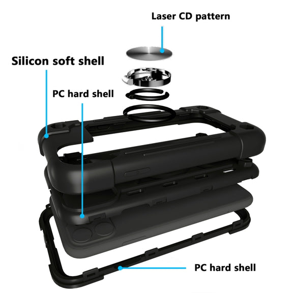 For iPhone 11 Shockproof Silicone + PC Protective Case with Dual-Ring Holder (Black)