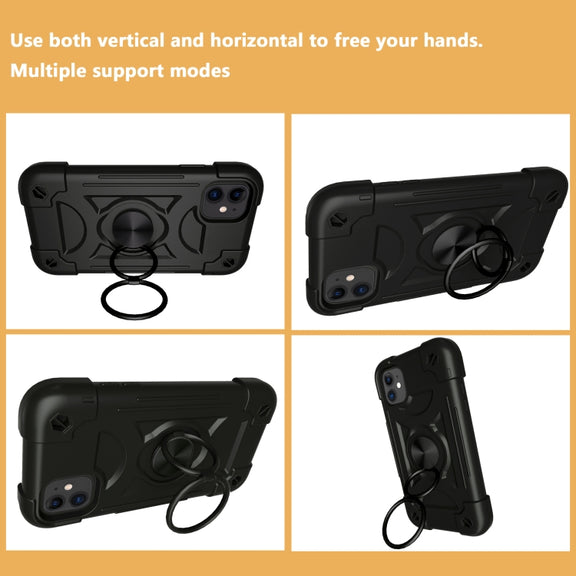 For iPhone 11 Shockproof Silicone + PC Protective Case with Dual-Ring Holder (Black)