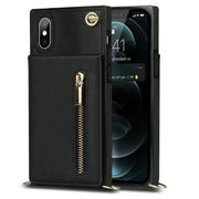 For iPhone XS Max Cross-body Zipper Square TPU+PU Back Cover Case with Holder & Card Slots & Wallet & Strap(Black)