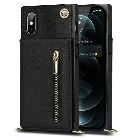 For iPhone XS Max Cross-body Zipper Square TPU+PU Back Cover Case with Holder & Card Slots & Wallet & Strap(Black)