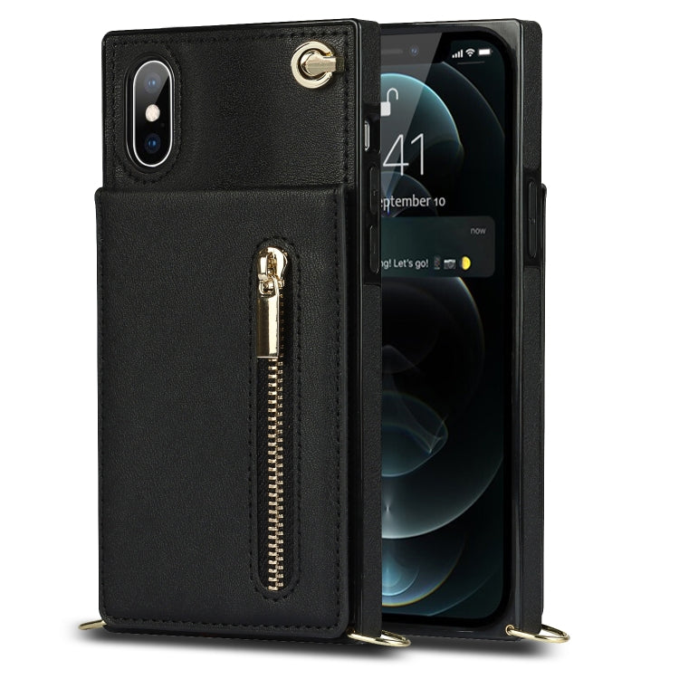 For iPhone XS Max Cross-body Zipper Square TPU+PU Back Cover Case with Holder & Card Slots & Wallet & Strap(Black)