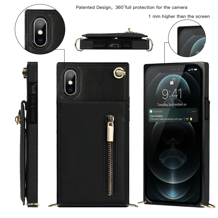 For iPhone XS Max Cross-body Zipper Square TPU+PU Back Cover Case with Holder & Card Slots & Wallet & Strap(Black)