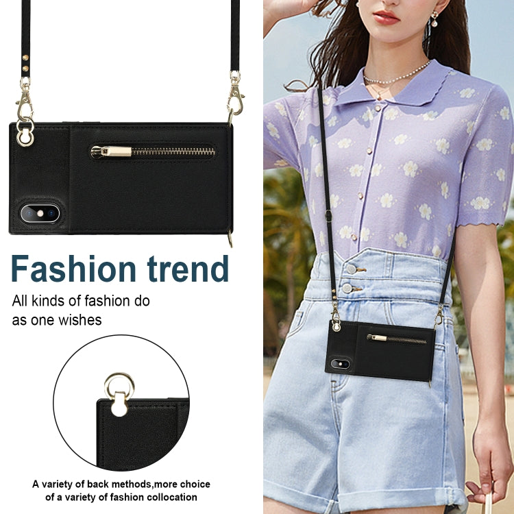 For iPhone XS Max Cross-body Zipper Square TPU+PU Back Cover Case with Holder & Card Slots & Wallet & Strap(Black)