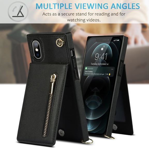 For iPhone XS Max Cross-body Zipper Square TPU+PU Back Cover Case with Holder & Card Slots & Wallet & Strap(Black)