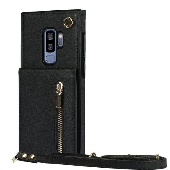 For Samsung Galaxy S9 Plus Cross-body Zipper Square TPU+PU Back Cover Case with Holder & Card Slots & Wallet & Strap(Black)