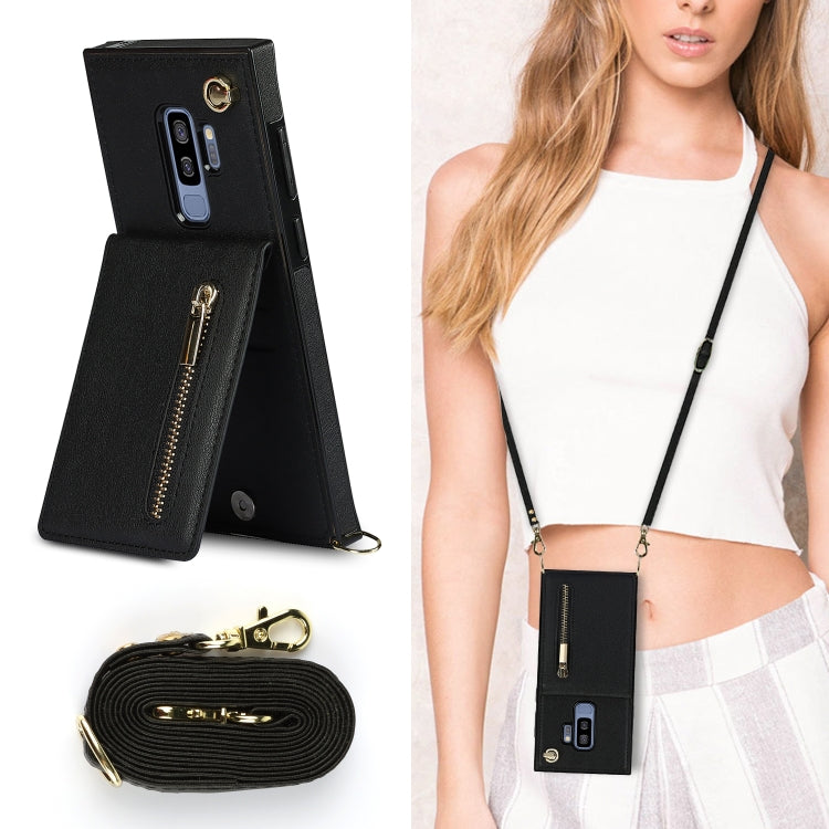 For Samsung Galaxy S9 Plus Cross-body Zipper Square TPU+PU Back Cover Case with Holder & Card Slots & Wallet & Strap(Black)