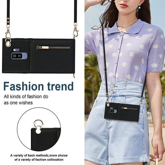 For Samsung Galaxy S9 Plus Cross-body Zipper Square TPU+PU Back Cover Case with Holder & Card Slots & Wallet & Strap(Black)