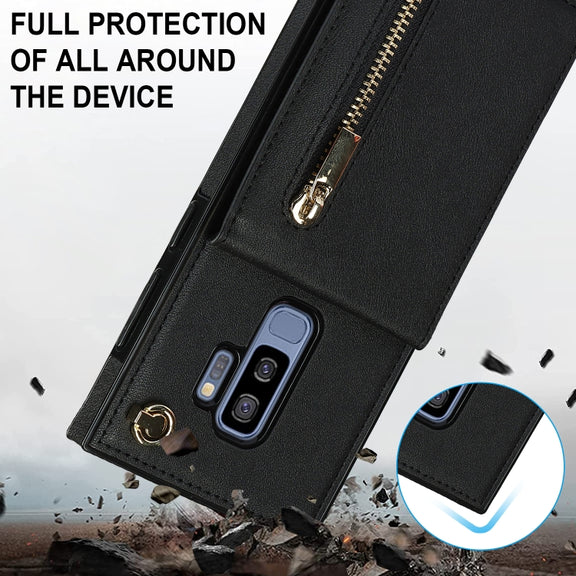For Samsung Galaxy S9 Plus Cross-body Zipper Square TPU+PU Back Cover Case with Holder & Card Slots & Wallet & Strap(Black)