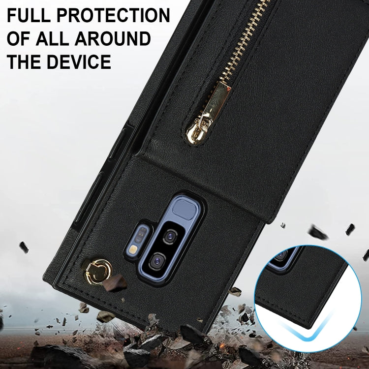 For Samsung Galaxy S9 Plus Cross-body Zipper Square TPU+PU Back Cover Case with Holder & Card Slots & Wallet & Strap(Black)