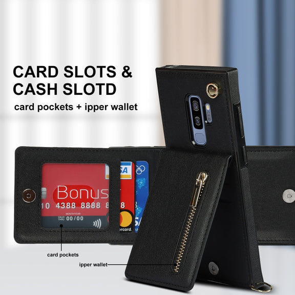 For Samsung Galaxy S9 Plus Cross-body Zipper Square TPU+PU Back Cover Case with Holder & Card Slots & Wallet & Strap(Black)