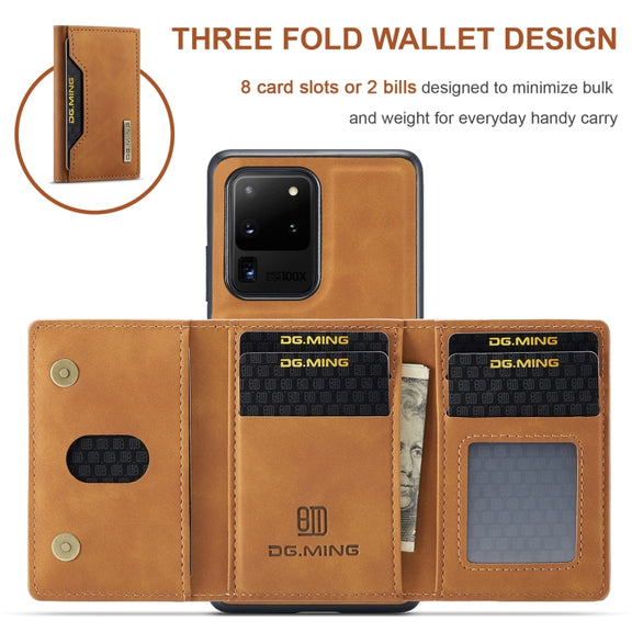 For Samsung Galaxy S20 Ultra DG.MING M2 Series 3-Fold Multi Card Bag Back Cover Shockproof Case with Wallet & Holder Function(Brown)