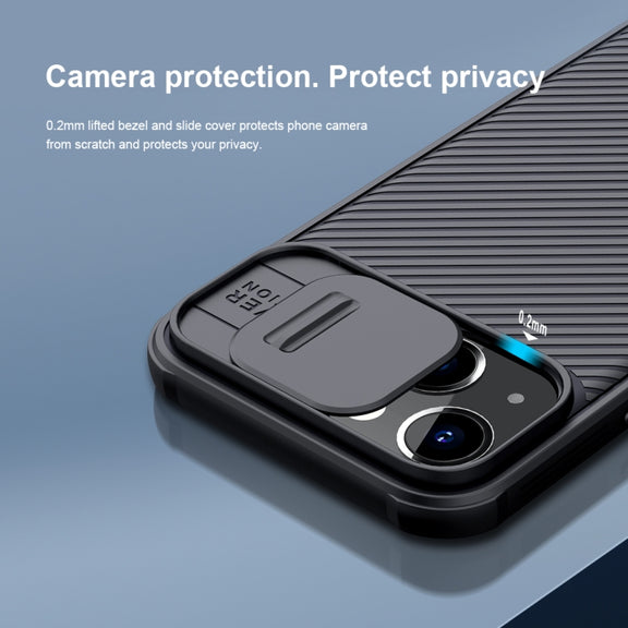 For iPhone 13 NILLKIN Black Mirror Pro Series Camshield Full Coverage Dust-proof Scratch Resistant Phone Case(Black)