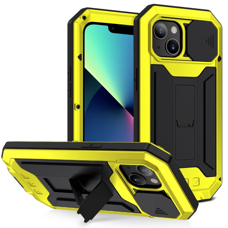 For iPhone 13 mini R-JUST Sliding Camera Shockproof Life Water-resistant Dust-proof Metal + Silicone Protective Case with Holder (Yellow)