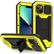 For iPhone 13 mini R-JUST Sliding Camera Shockproof Life Water-resistant Dust-proof Metal + Silicone Protective Case with Holder (Yellow)