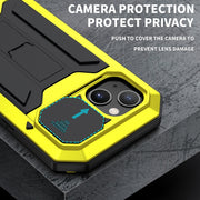 For iPhone 13 mini R-JUST Sliding Camera Shockproof Life Water-resistant Dust-proof Metal + Silicone Protective Case with Holder (Yellow)