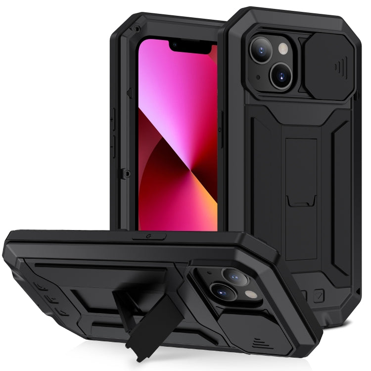 For iPhone 13 R-JUST Sliding Camera Shockproof Life Water-resistant Dust-proof Metal + Silicone Protective Case with Holder(Black)
