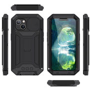 For iPhone 13 R-JUST Sliding Camera Shockproof Life Water-resistant Dust-proof Metal + Silicone Protective Case with Holder(Black)