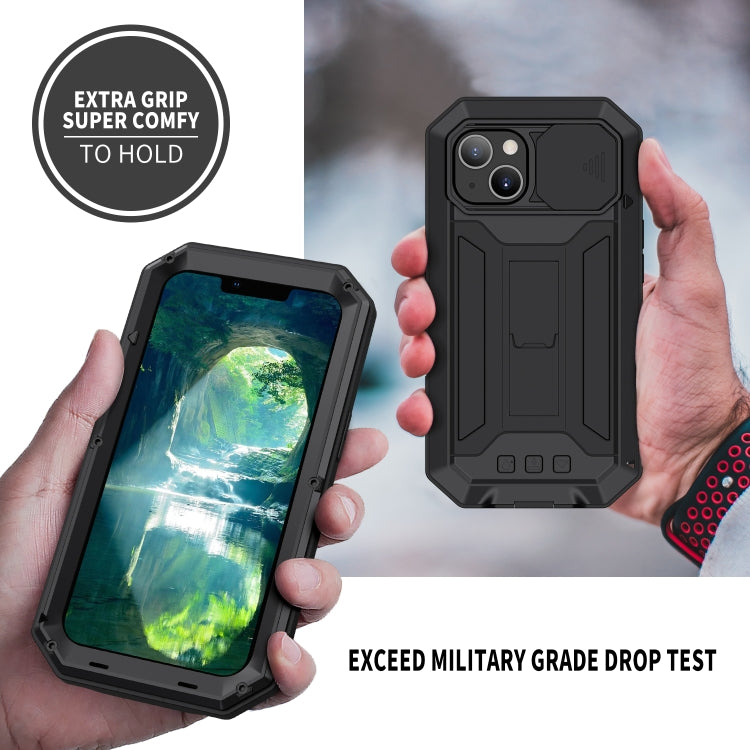 For iPhone 13 R-JUST Sliding Camera Shockproof Life Water-resistant Dust-proof Metal + Silicone Protective Case with Holder(Black)
