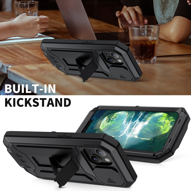 For iPhone 13 R-JUST Sliding Camera Shockproof Life Water-resistant Dust-proof Metal + Silicone Protective Case with Holder(Black)