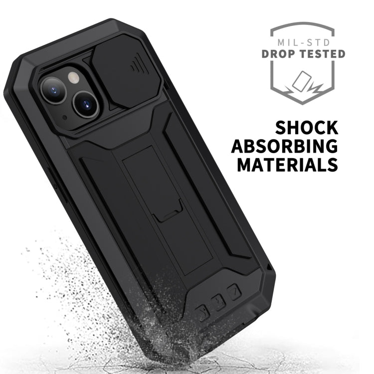 For iPhone 13 R-JUST Sliding Camera Shockproof Life Water-resistant Dust-proof Metal + Silicone Protective Case with Holder(Black)