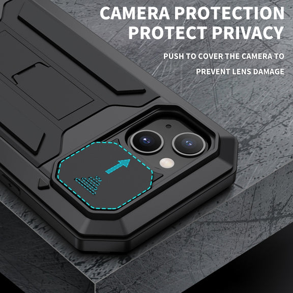 For iPhone 13 R-JUST Sliding Camera Shockproof Life Water-resistant Dust-proof Metal + Silicone Protective Case with Holder(Black)