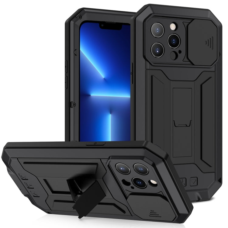 For iPhone 13 Pro R-JUST Sliding Camera Shockproof Life Water-resistant Dust-proof Metal + Silicone Protective Case with Holder (Black)