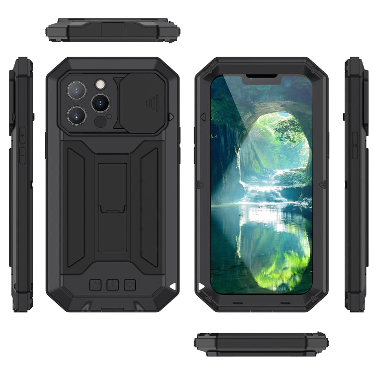 For iPhone 13 Pro R-JUST Sliding Camera Shockproof Life Water-resistant Dust-proof Metal + Silicone Protective Case with Holder (Black)