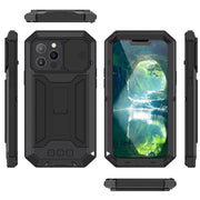For iPhone 13 Pro R-JUST Sliding Camera Shockproof Life Water-resistant Dust-proof Metal + Silicone Protective Case with Holder (Black)