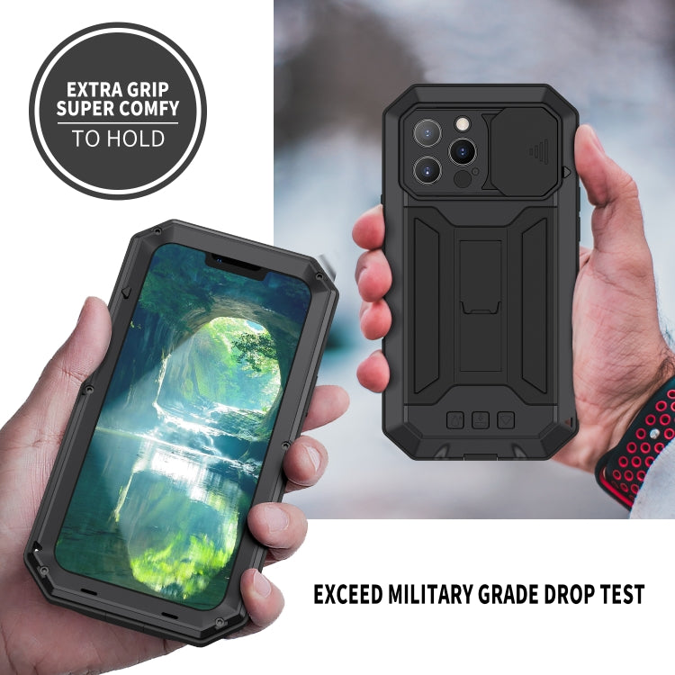 For iPhone 13 Pro R-JUST Sliding Camera Shockproof Life Water-resistant Dust-proof Metal + Silicone Protective Case with Holder (Black)