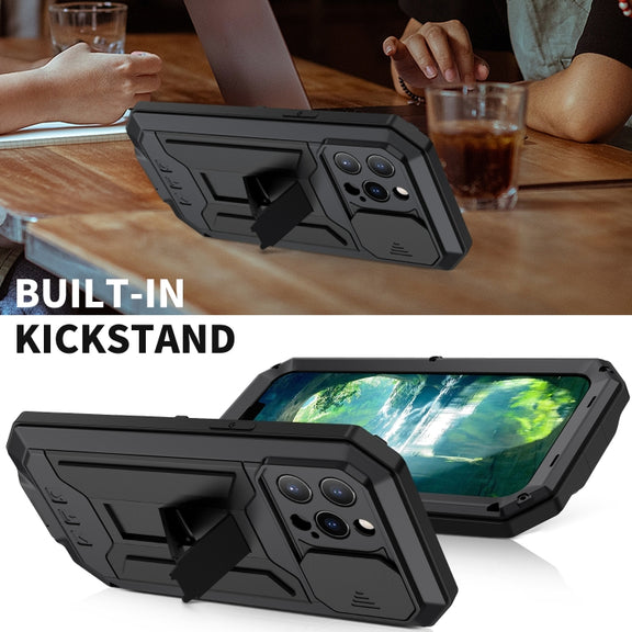 For iPhone 13 Pro R-JUST Sliding Camera Shockproof Life Water-resistant Dust-proof Metal + Silicone Protective Case with Holder (Black)