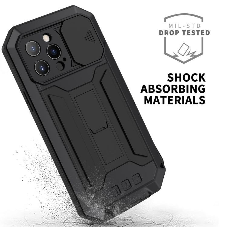 For iPhone 13 Pro R-JUST Sliding Camera Shockproof Life Water-resistant Dust-proof Metal + Silicone Protective Case with Holder (Black)