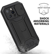 For iPhone 13 Pro R-JUST Sliding Camera Shockproof Life Water-resistant Dust-proof Metal + Silicone Protective Case with Holder (Black)