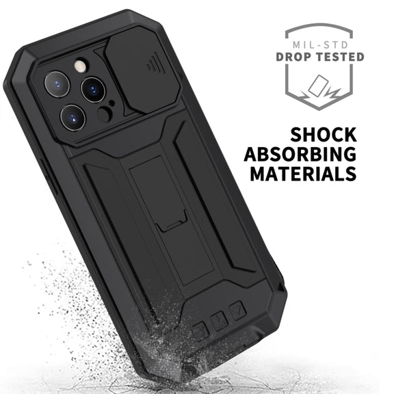 For iPhone 13 Pro R-JUST Sliding Camera Shockproof Life Water-resistant Dust-proof Metal + Silicone Protective Case with Holder (Black)