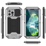 For iPhone 13 Pro R-JUST Sliding Camera Shockproof Life Water-resistant Dust-proof Metal + Silicone Protective Case with Holder (Silver)