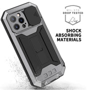 For iPhone 13 Pro R-JUST Sliding Camera Shockproof Life Water-resistant Dust-proof Metal + Silicone Protective Case with Holder (Silver)