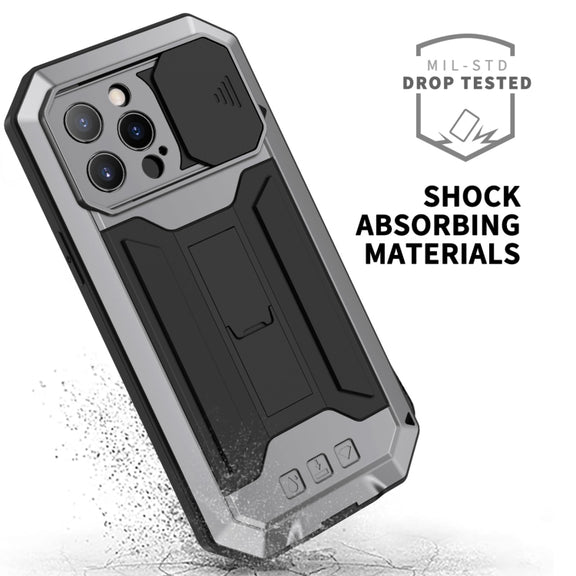 For iPhone 13 Pro R-JUST Sliding Camera Shockproof Life Water-resistant Dust-proof Metal + Silicone Protective Case with Holder (Silver)