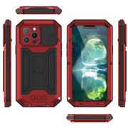 For iPhone 13 Pro Max R-JUST Sliding Camera Shockproof Life Water-resistant Dust-proof Metal + Silicone Protective Case with Holder (Red)