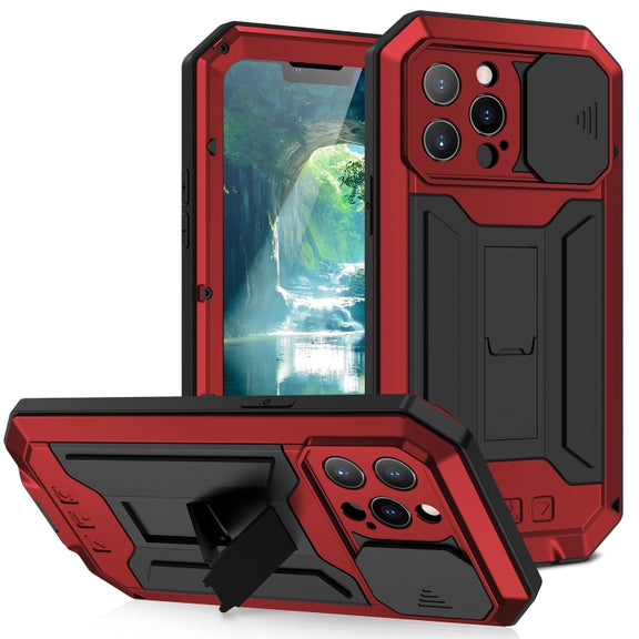For iPhone 13 Pro Max R-JUST Sliding Camera Shockproof Life Water-resistant Dust-proof Metal + Silicone Protective Case with Holder (Red)