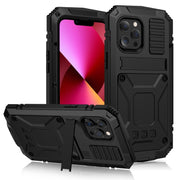 For iPhone 13 R-JUST Shockproof Water-resistant Dust-proof Metal + Silicone Protective Case with Holder(Black)