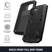 For iPhone 13 R-JUST Shockproof Water-resistant Dust-proof Metal + Silicone Protective Case with Holder(Black)