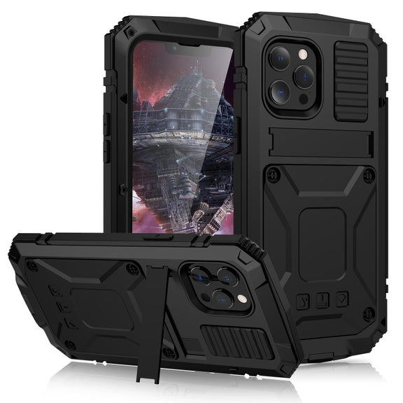 For iPhone 13 Pro Max R-JUST Shockproof Water-resistant Dust-proof Metal + Silicone Protective Case with Holder (Black)