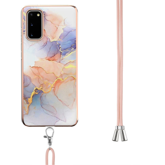 For Samsung Galaxy S20 Electroplating Pattern IMD TPU Shockproof Case with Neck Lanyard(Milky Way White Marble)