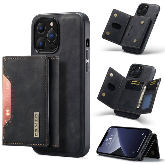 For iPhone 13 Pro DG.MING M2 Series 3-Fold Card Bag Shockproof Case with Wallet & Holder Function (Black)