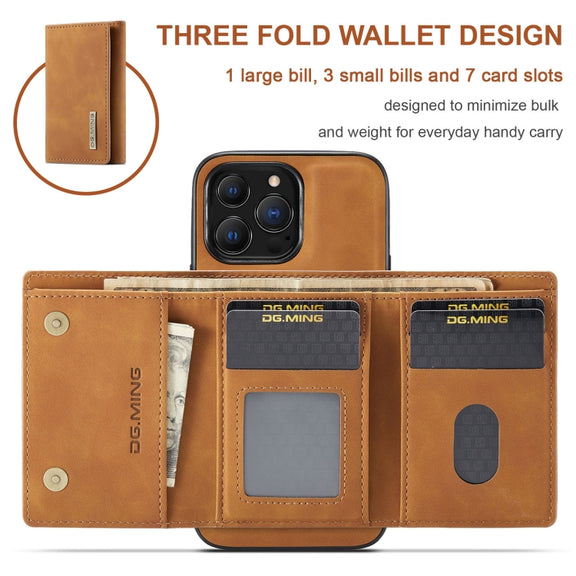 For iPhone 13 Pro Max DG.MING M1 Series 3-Fold Multi Card Wallet Shockproof Case with Holder Function (Brown)