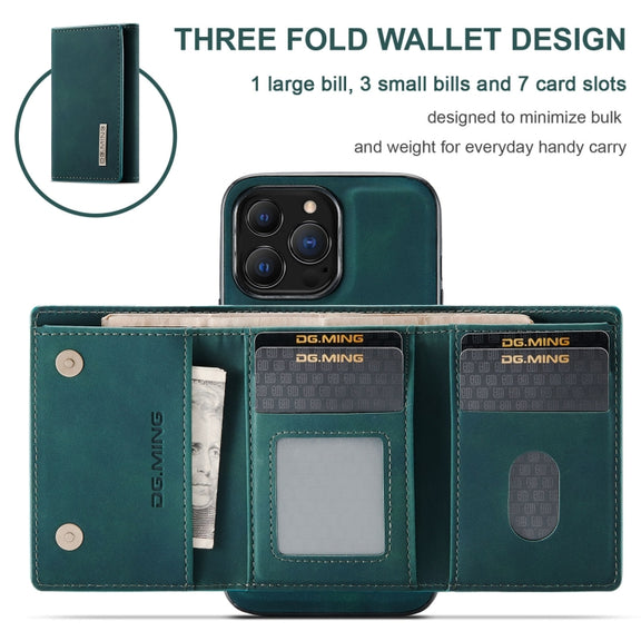 For iPhone 13 Pro Max DG.MING M1 Series 3-Fold Multi Card Wallet Shockproof Case with Holder Function (Green)
