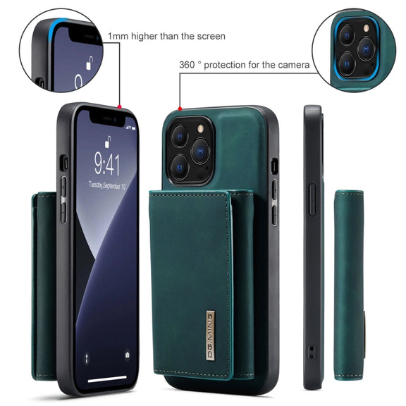 For iPhone 13 Pro Max DG.MING M1 Series 3-Fold Multi Card Wallet Shockproof Case with Holder Function (Green)