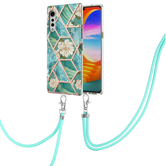 For LG Velvet 4G / Velvet 5G / G9 Electroplating Splicing Marble Flower Pattern TPU Shockproof Case with Lanyard(Blue Flower)