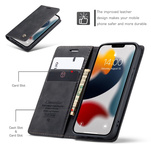 For iPhone 13 mini CaseMe-013 Multifunctional Retro Frosted Horizontal Flip Leather Case with Card Slot & Holder & Wallet (Black)