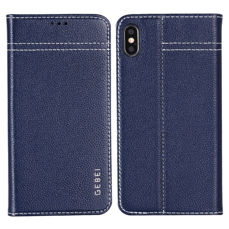For iPhone XS / X GEBEI Top-grain Leather Horizontal Flip Protective Case with Holder & Card Slots(Blue)